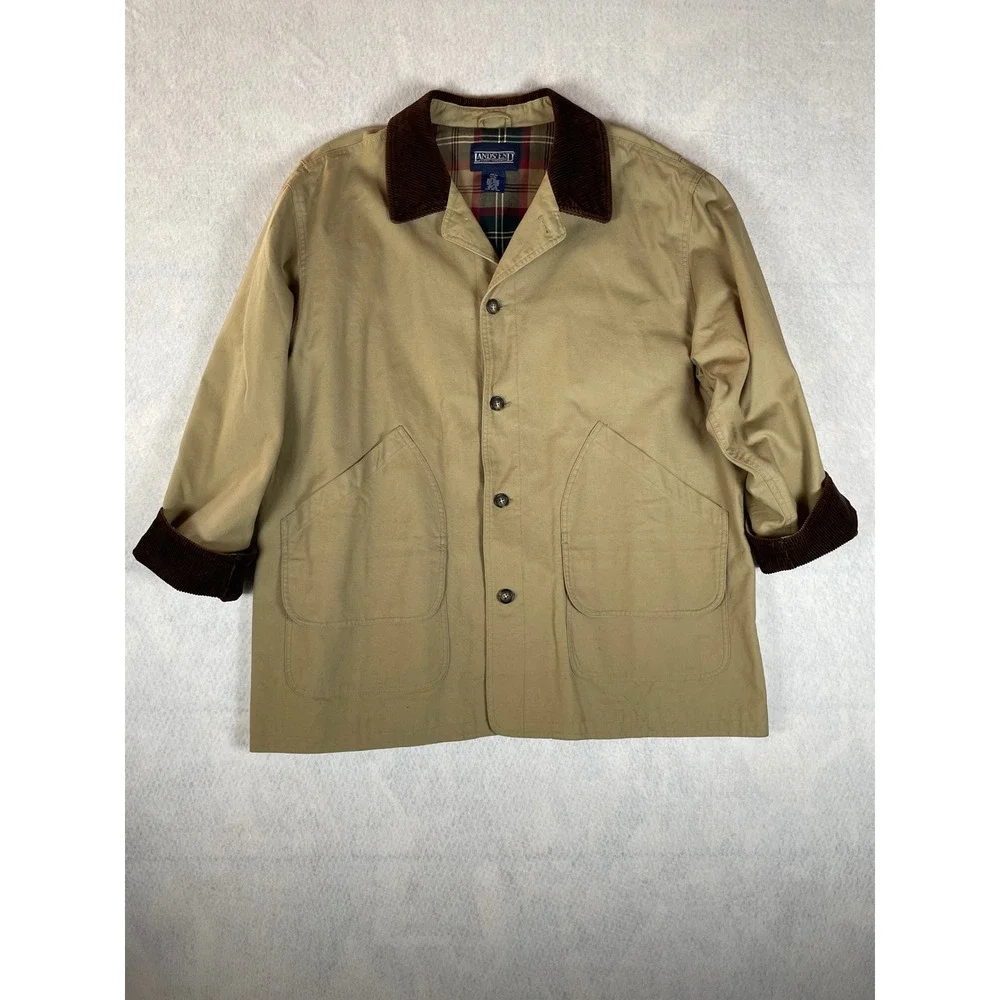 Lands End Mens Khaki Chore Barn‎ Field Jacket Corduroy Collar Plaid Lined XXL